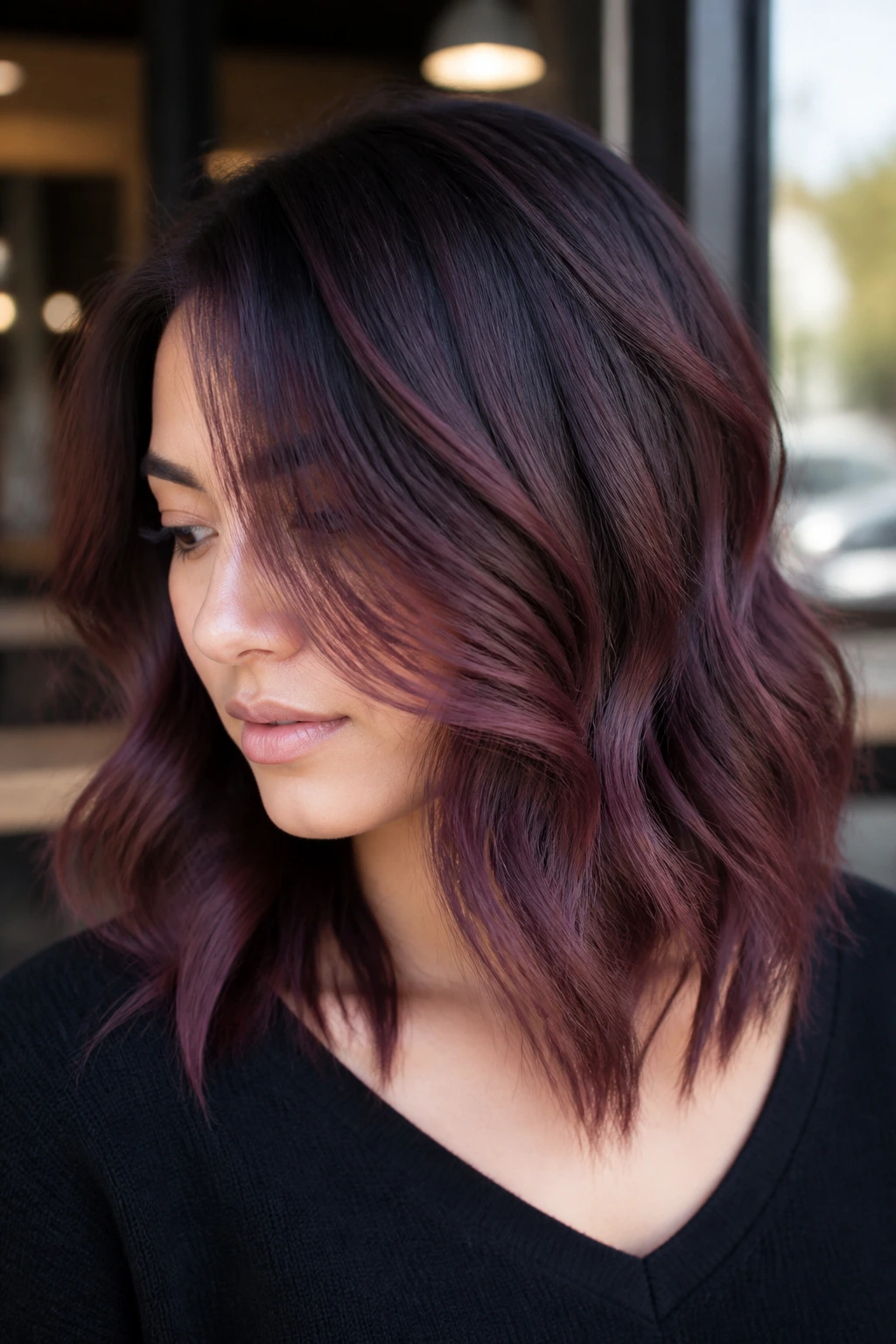 Shoulder-length smoky mahogany balayage on real person under window light