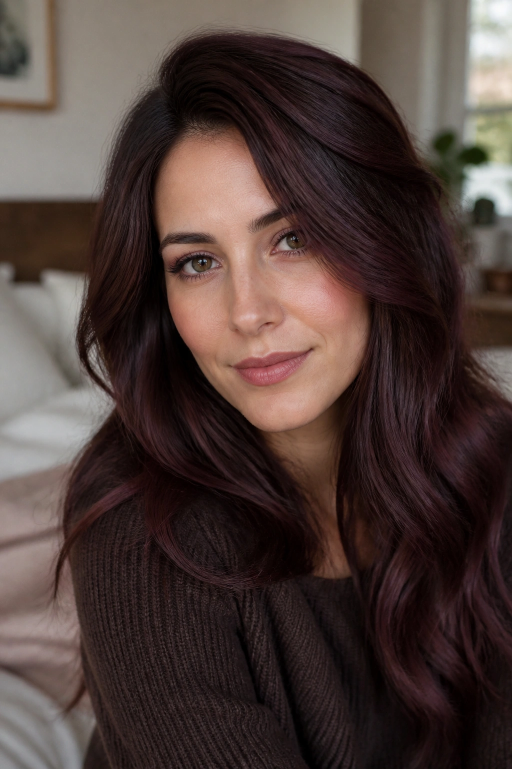 Real woman with smoky mahogany brunette hair color