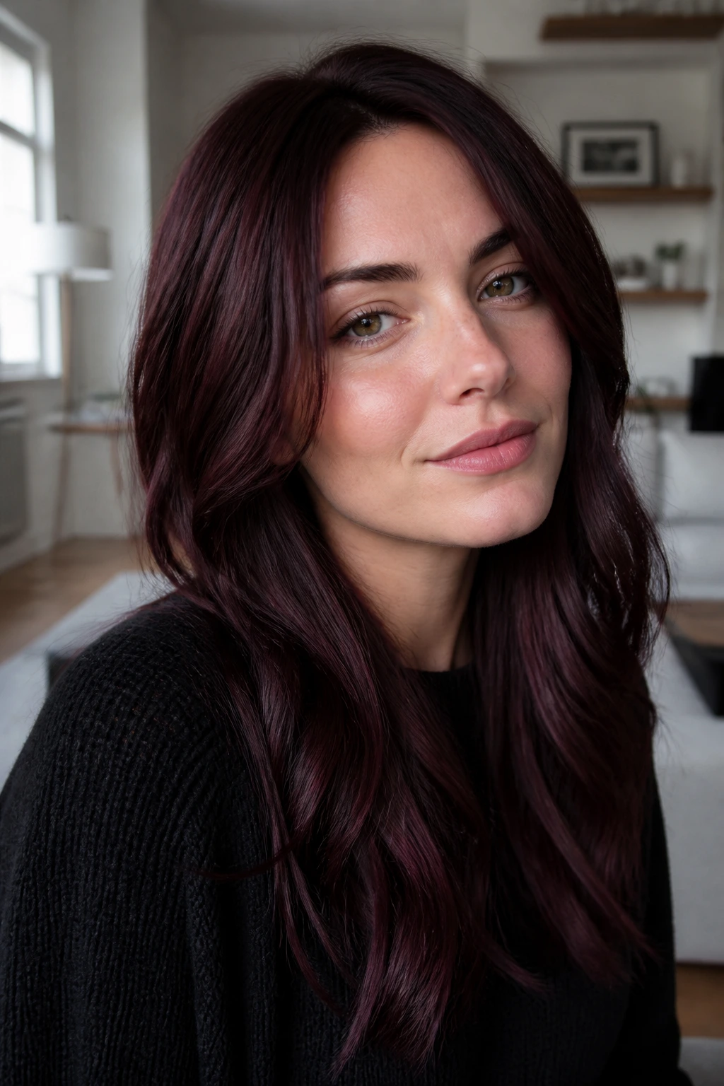 Close-up portrait of a real person with smoky mahogany burgundy hair