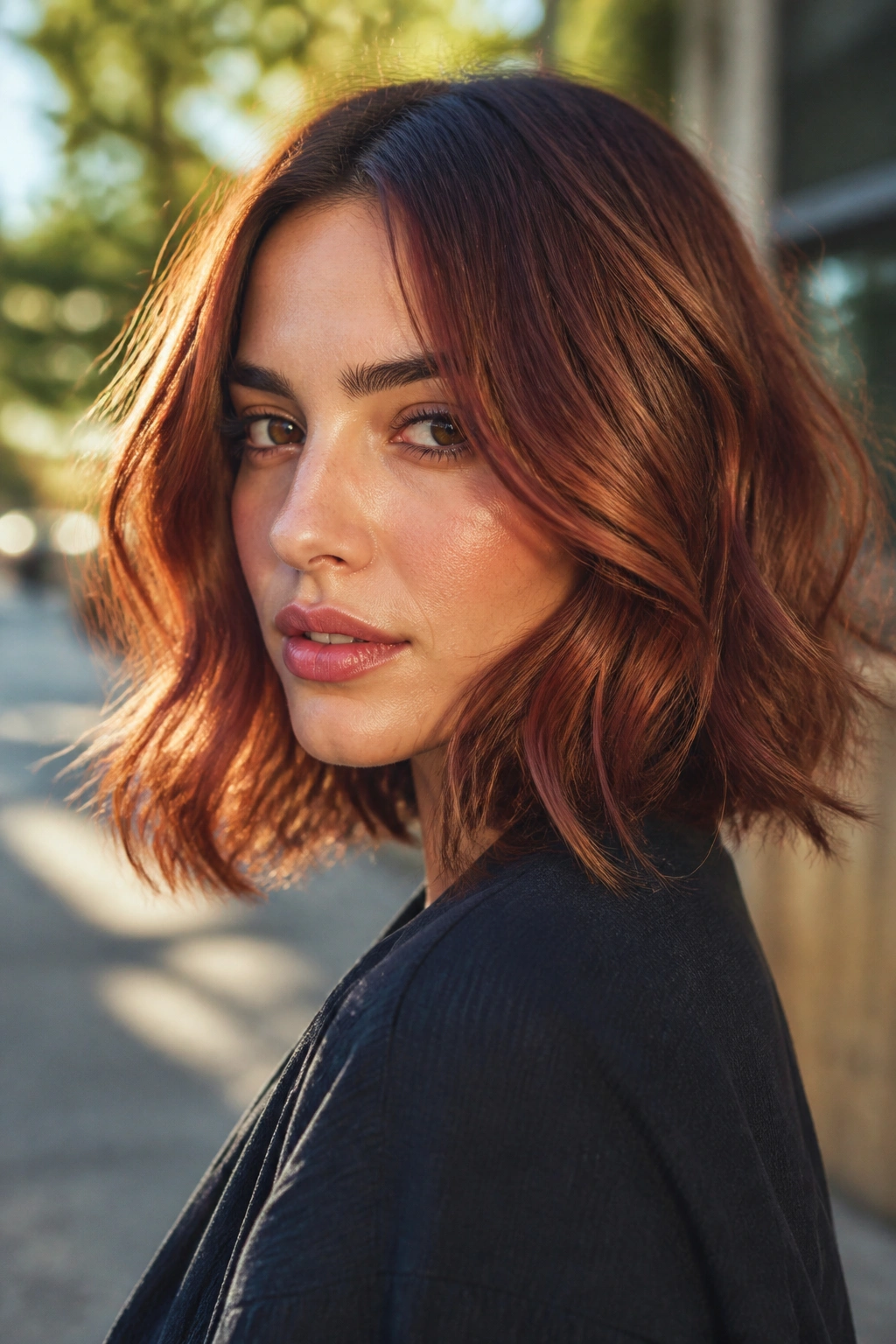 Close-up portrait of a real person with smoky mahogany copper lob