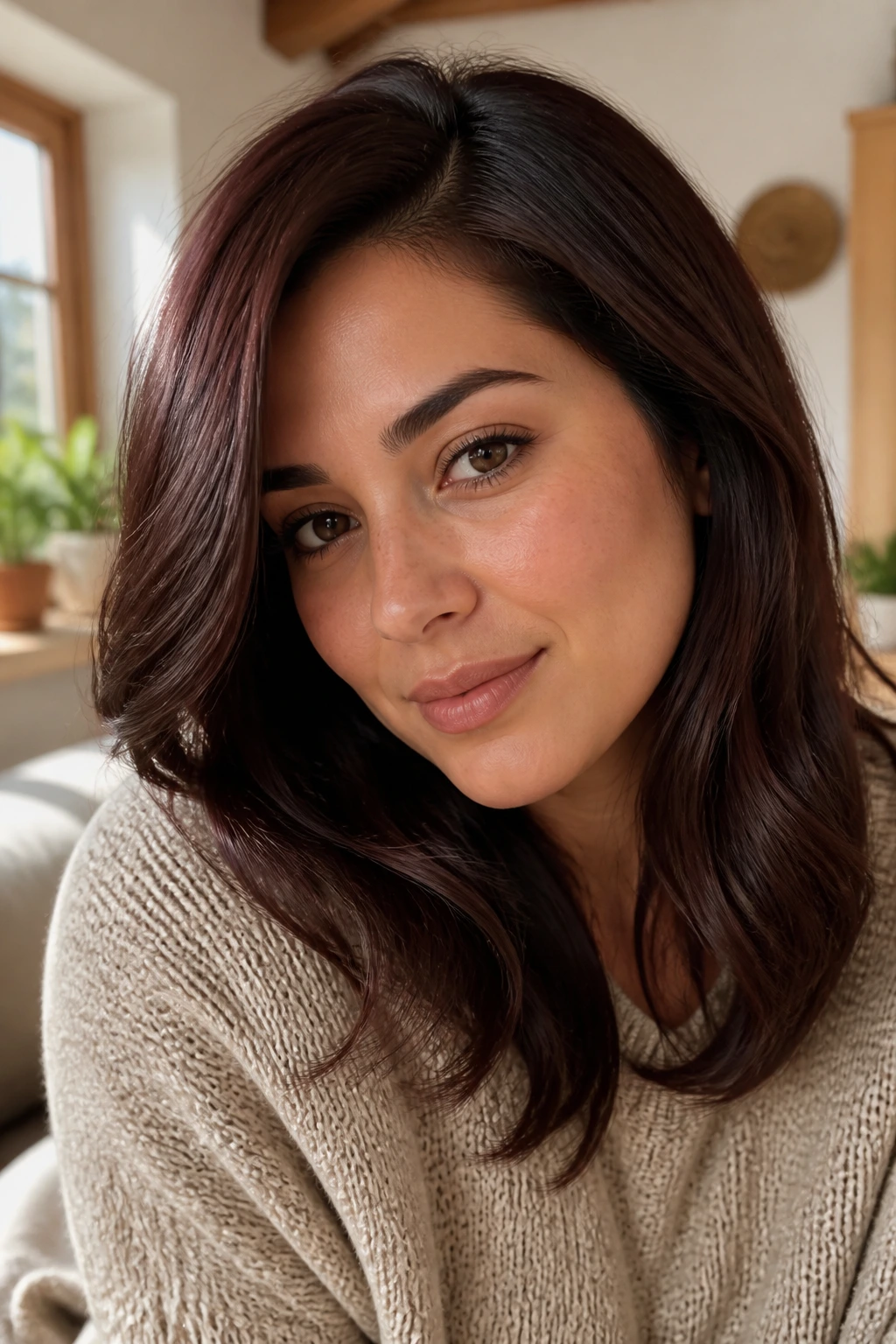 Close-up of a real woman with smoky mahogany hair and a soft gloss finish