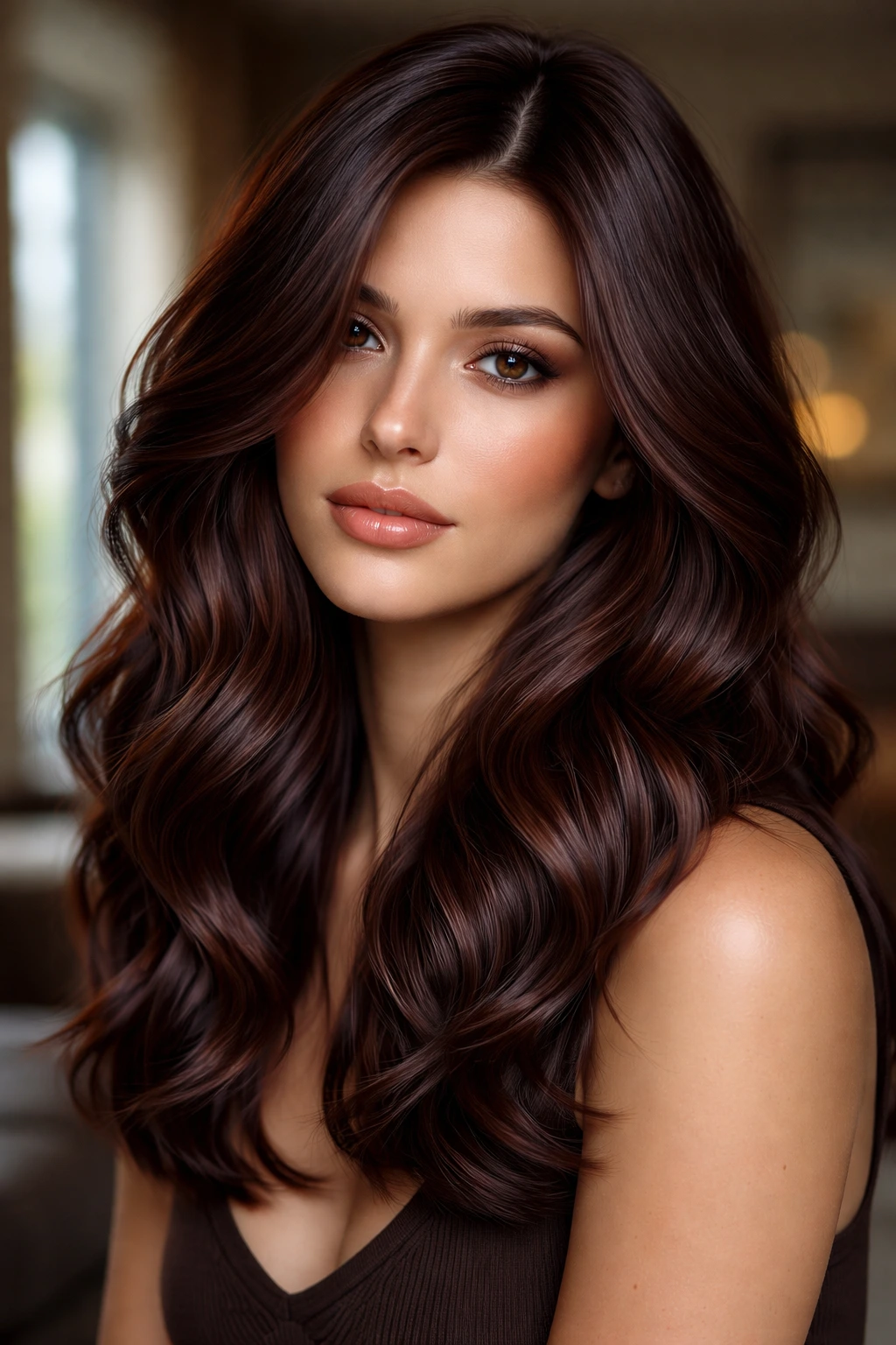 Close-up of a real woman with smoky mahogany hair in loose waves filling the frame
