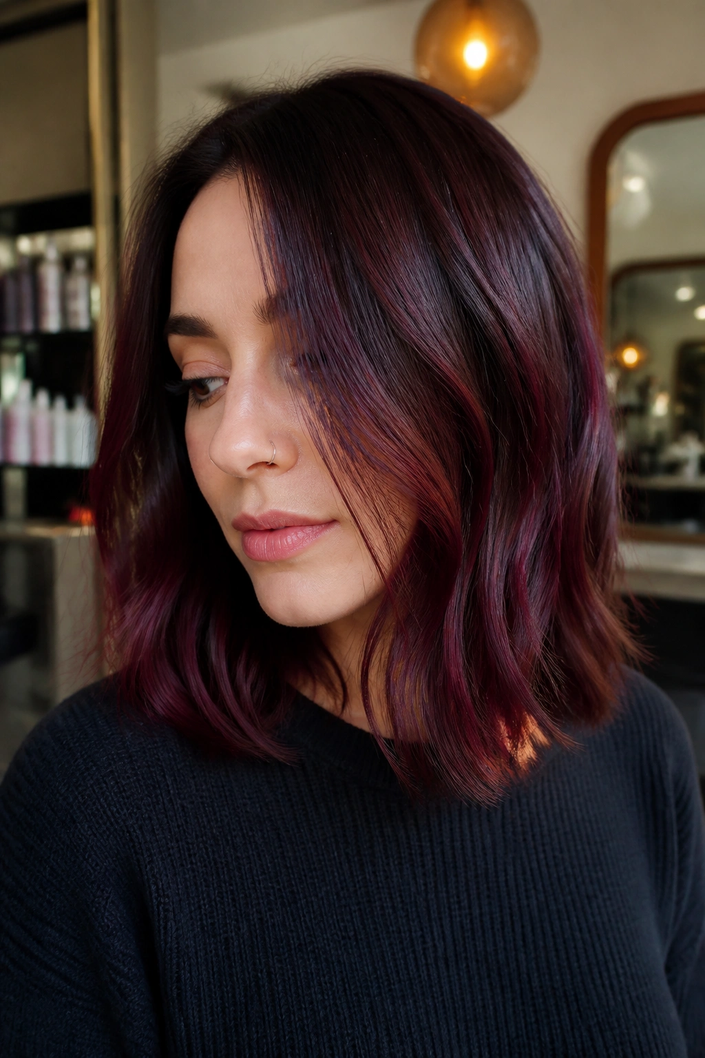 Close-up of a real woman with smoky mahogany lob and soft movement