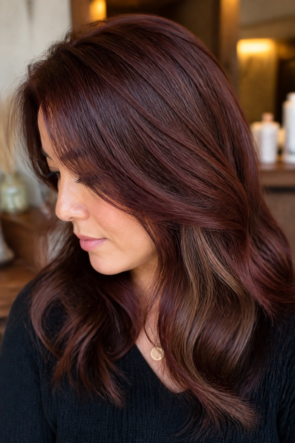 Close-up of smoky mahogany hair with ash brown lowlights on a real person