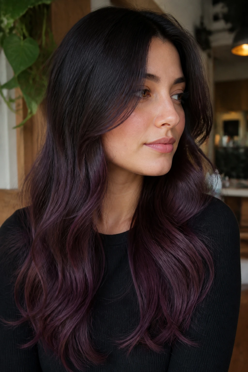 Close-up portrait of a woman with smoky mahogany ombré hair from roots to plum-brown ends
