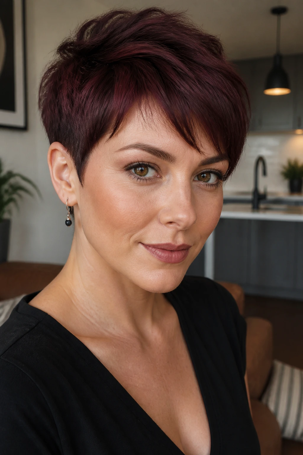 Real woman with smoky mahogany pixie cut in a modern interior