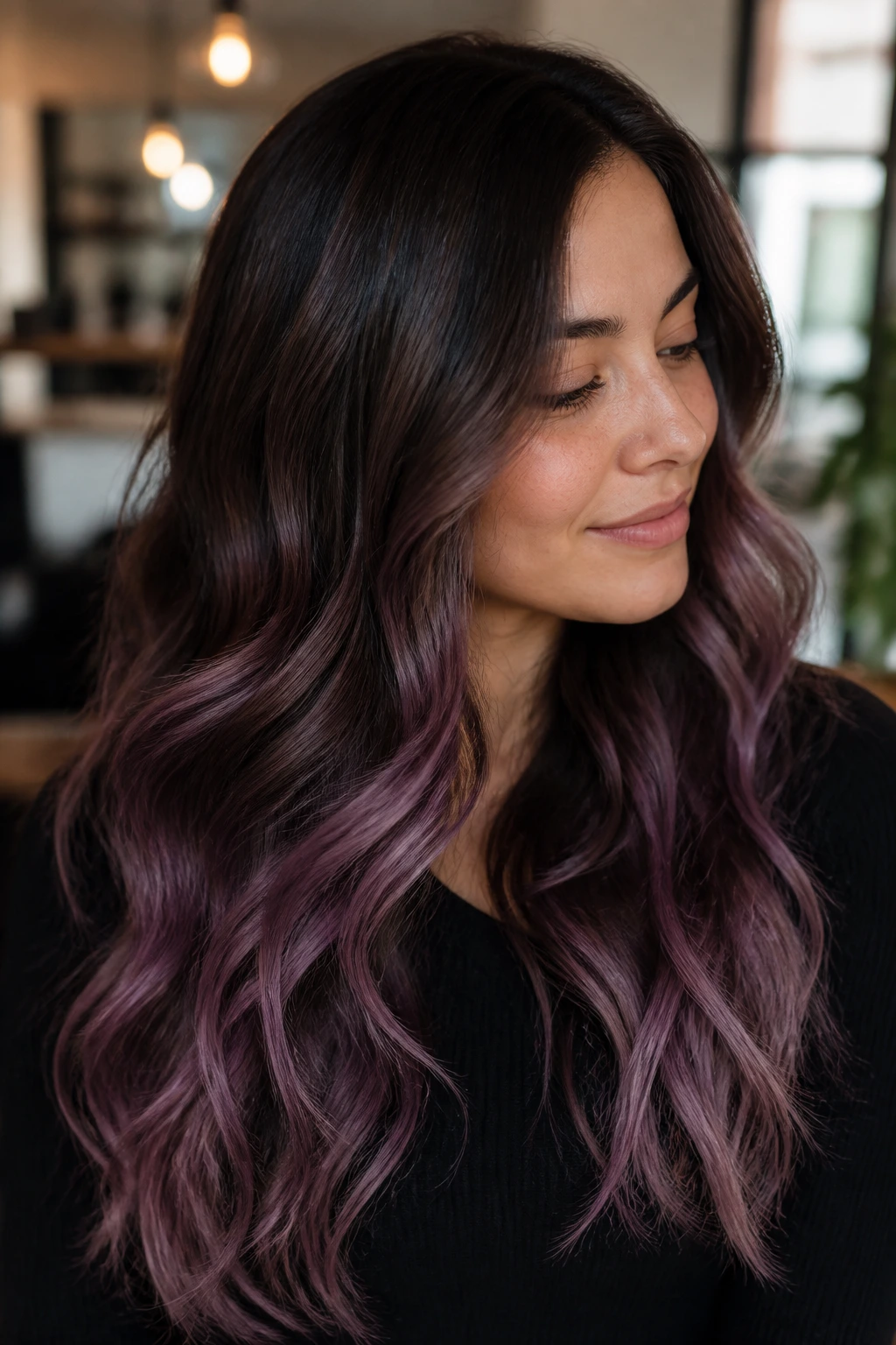 Close-up portrait of smoky mauve ends on dark brunette hair.