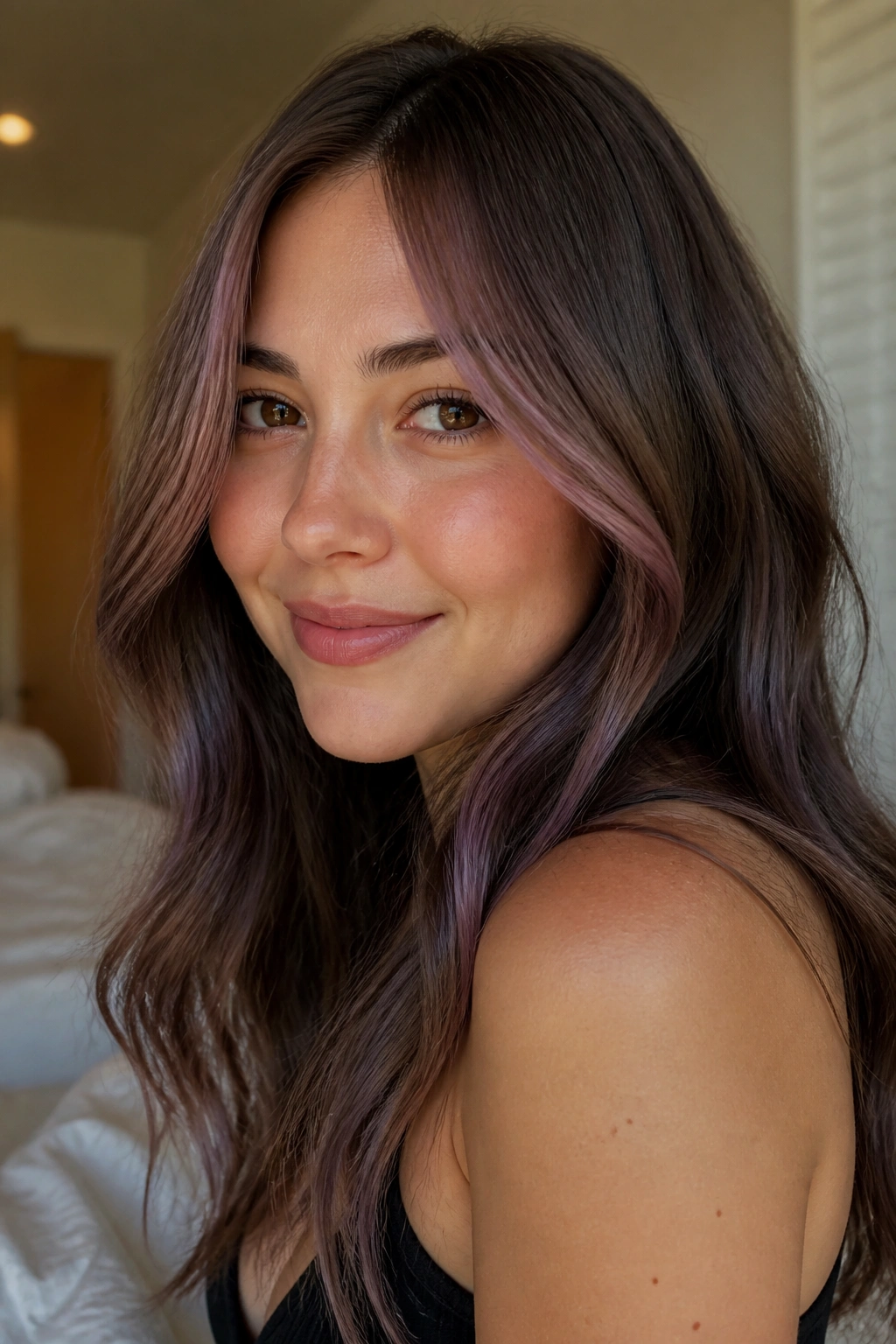 Close-up of a real woman with smoky mauve money pieces framing the face