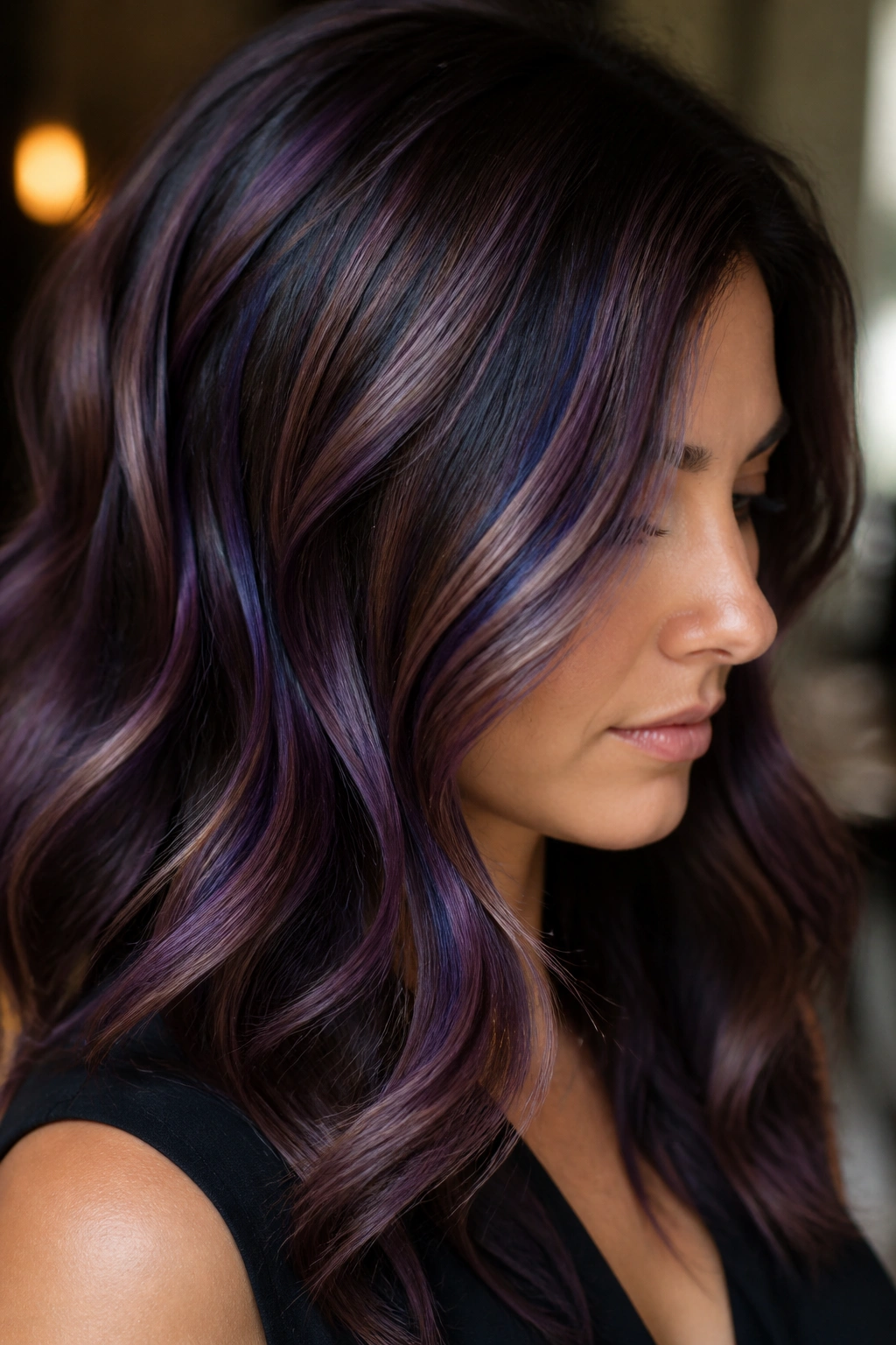 Brunette with smoky mauve and navy veins in hair in soft light