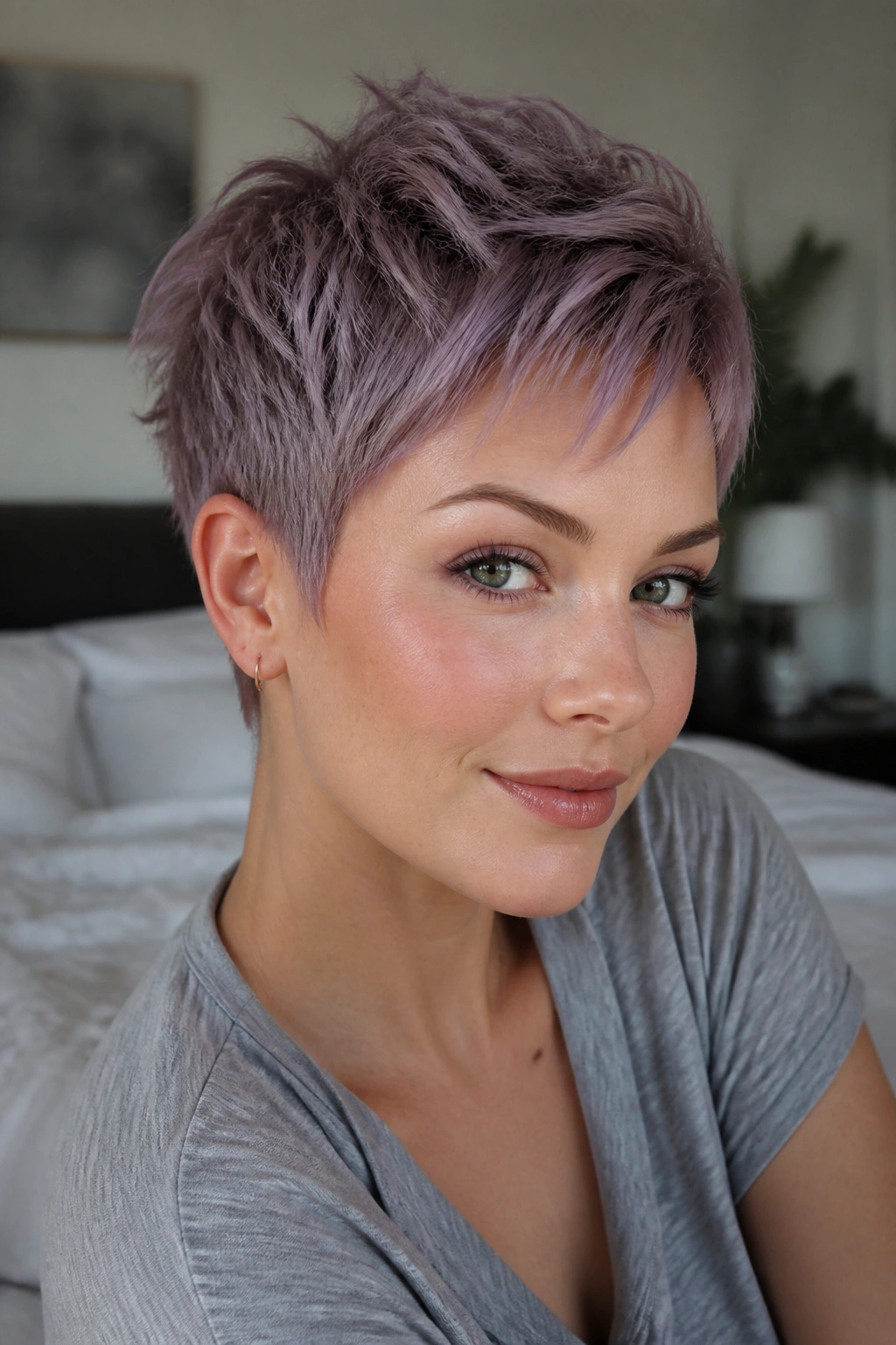 Close-up of a real woman's smoky mauve textured pixie in soft light