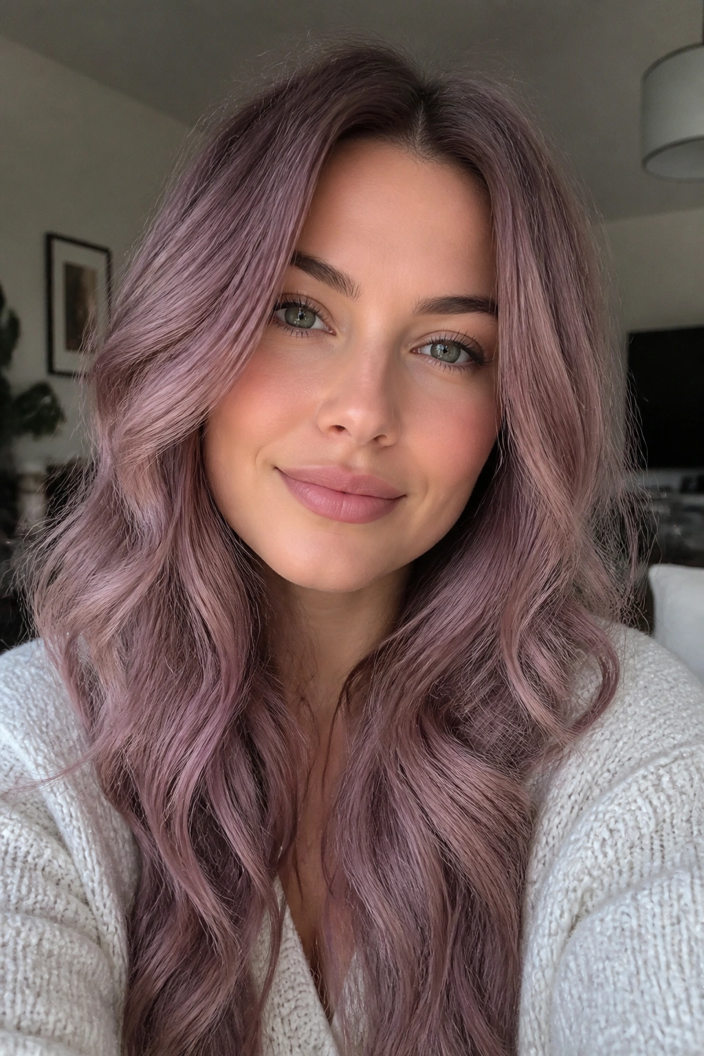 Close-up of smoky mauve rose hair on a real person