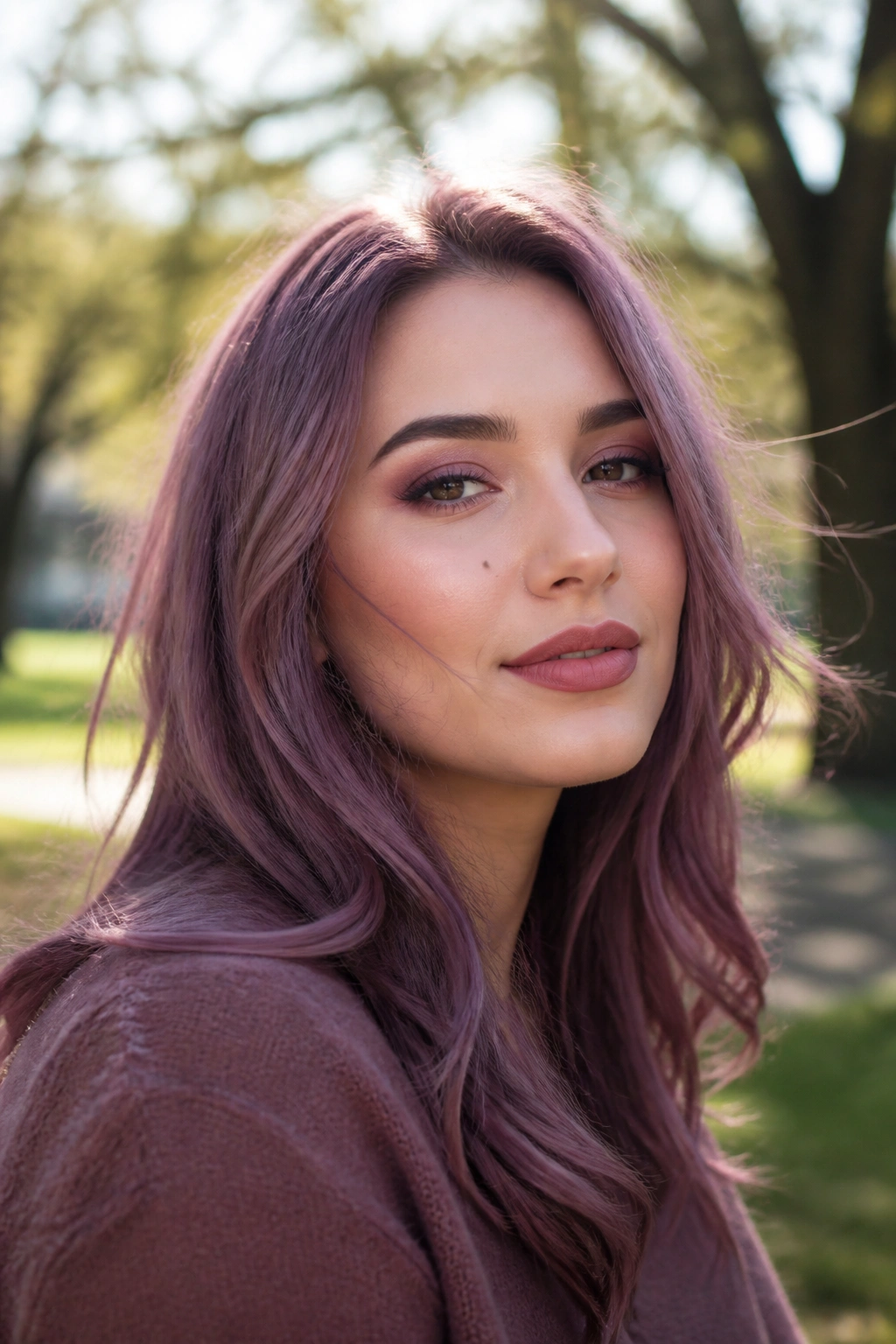 Close-up of a real woman with smoky mauve rose purple hair.