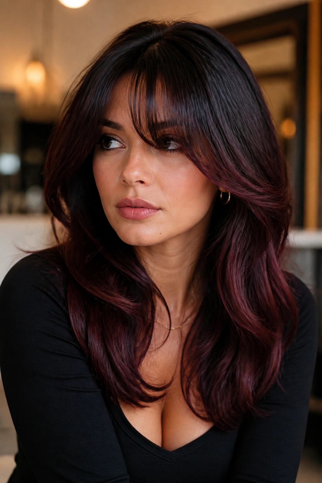 Close-up of smoky merlot layered hair with bottleneck bangs