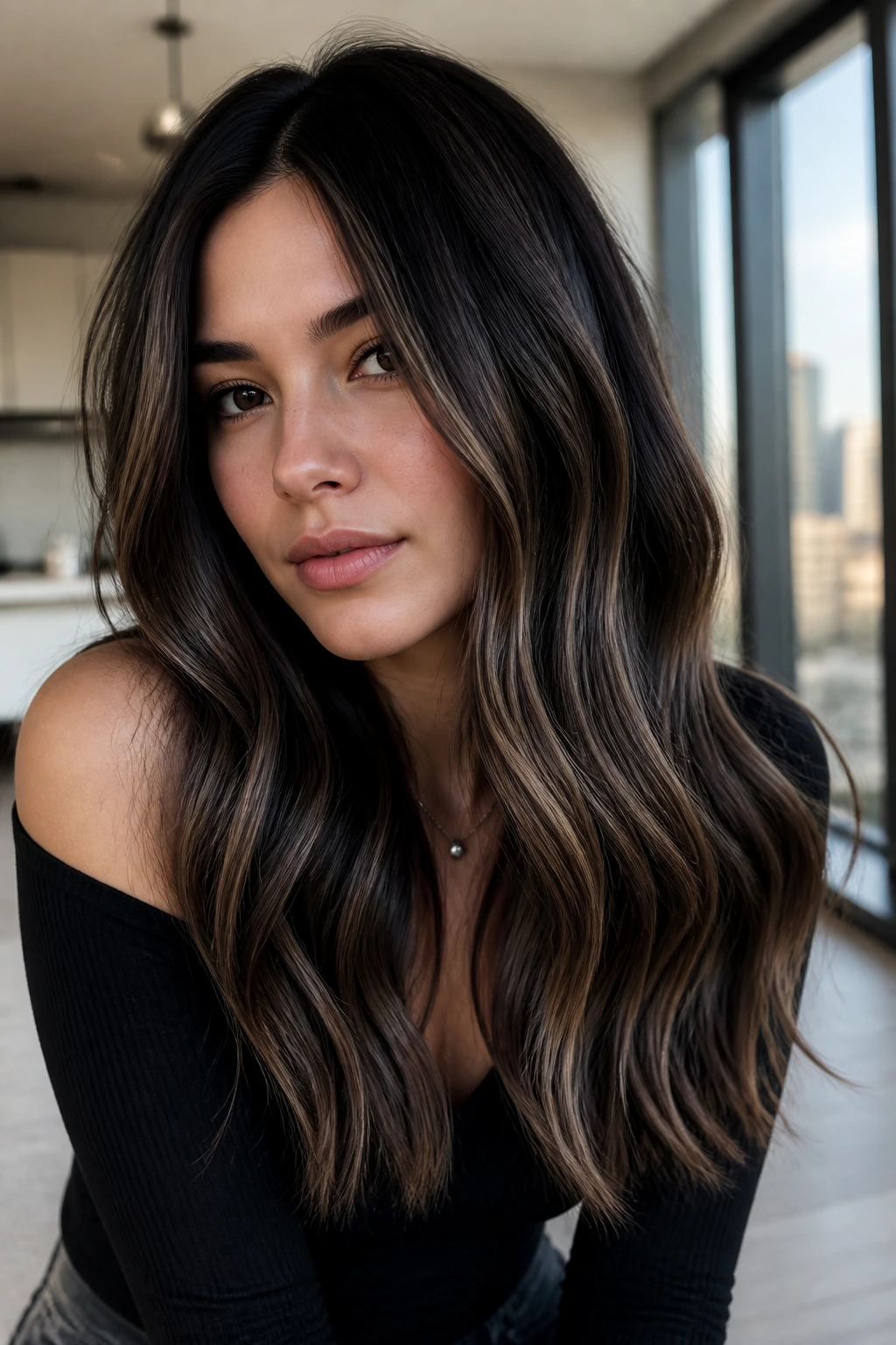Close-up portrait with smoky mocha balayage on deep brown hair