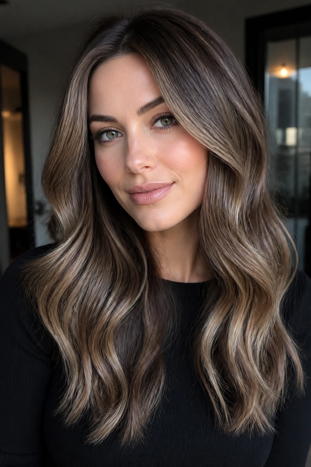 Portrait of a woman with smoky mocha bronde and ribbons