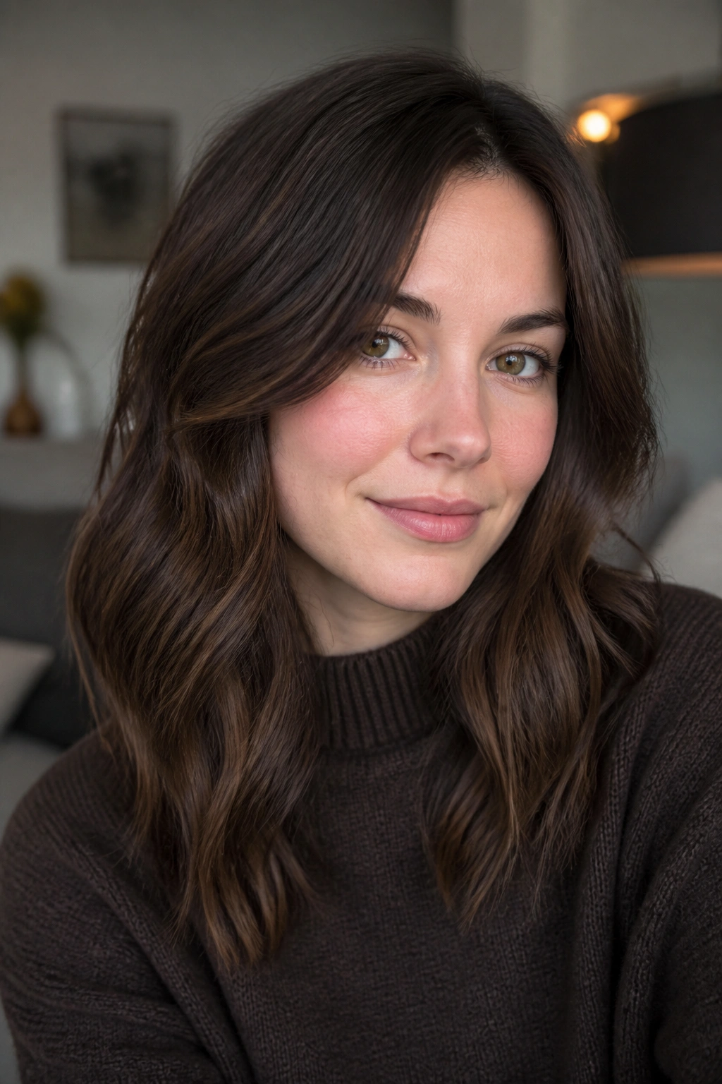 Close-up portrait of a real person with smoky mocha brown hair in a cozy living room.