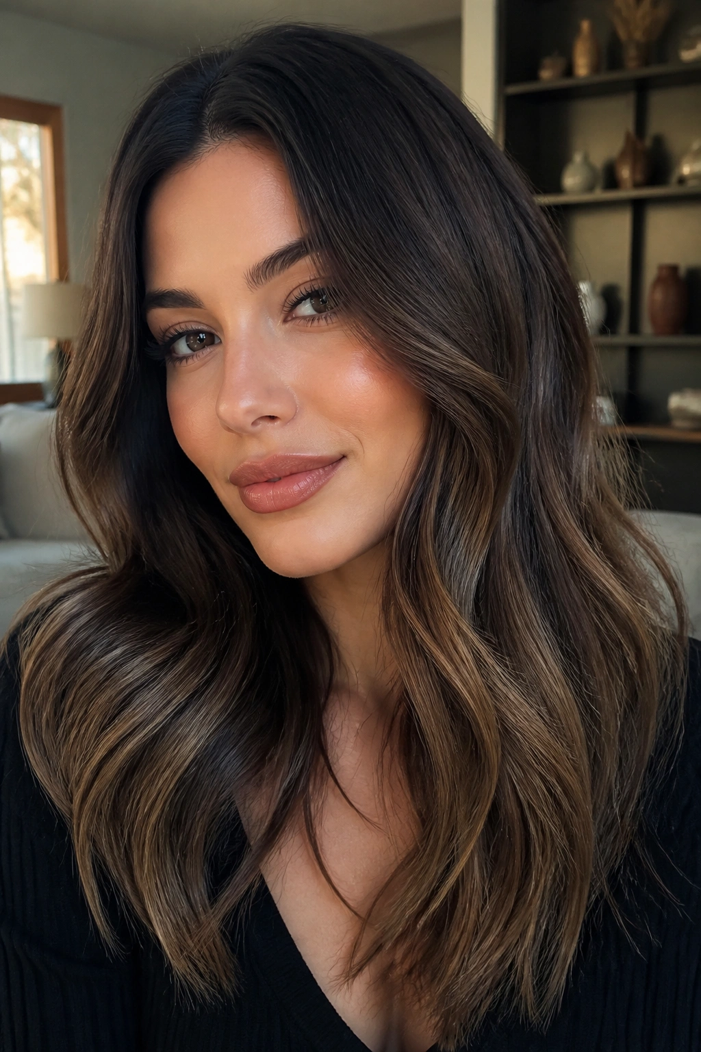 Close-up of a real woman with smoky mocha melt hair showing ash-toned roots and muted mid-lengths.