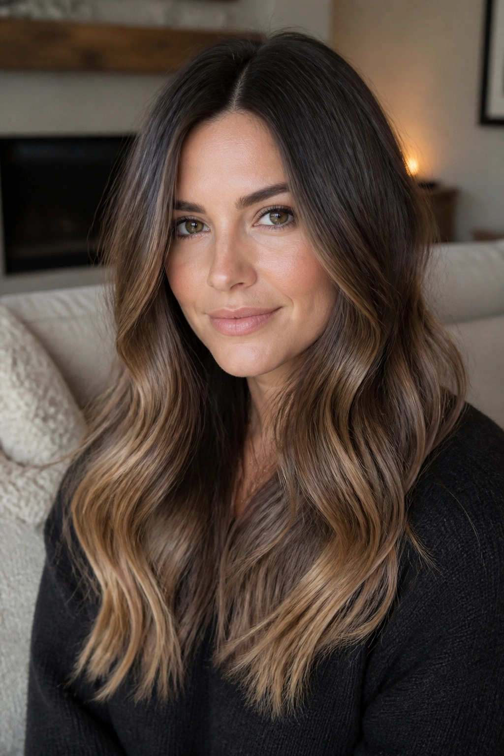 Close-up of a real woman with smoky mocha hair fading to neutral caramel ends.