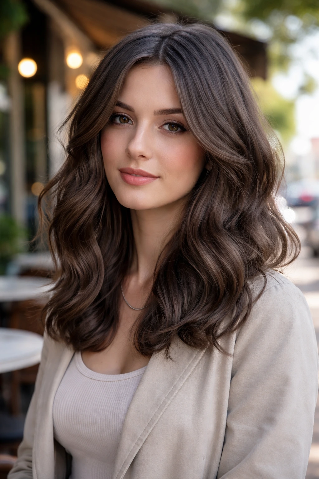 Real-person portrait with smoky mocha on wavy medium-length hair showing cool base and sparse highlights.