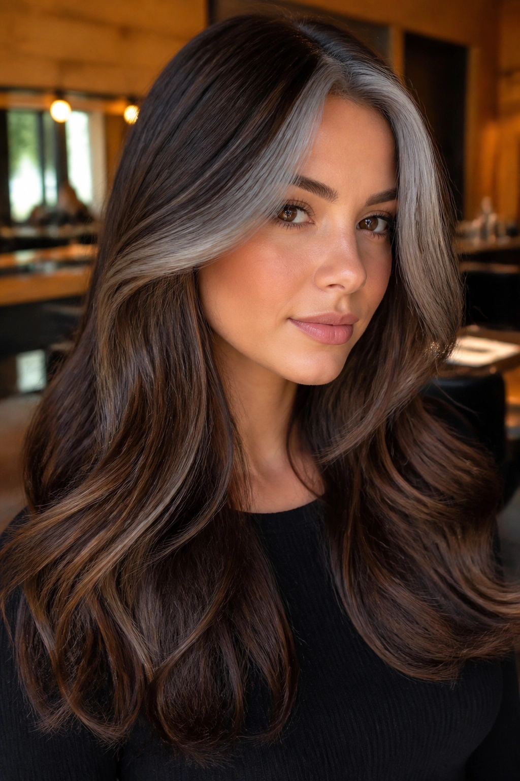 Close-up portrait of a real person with a smoky money piece framing the face on brown hair