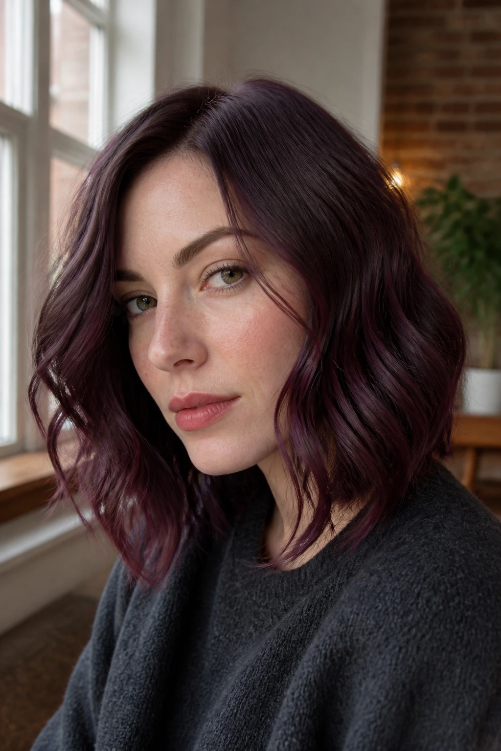 Close-up portrait of woman with smoky mulberry lob