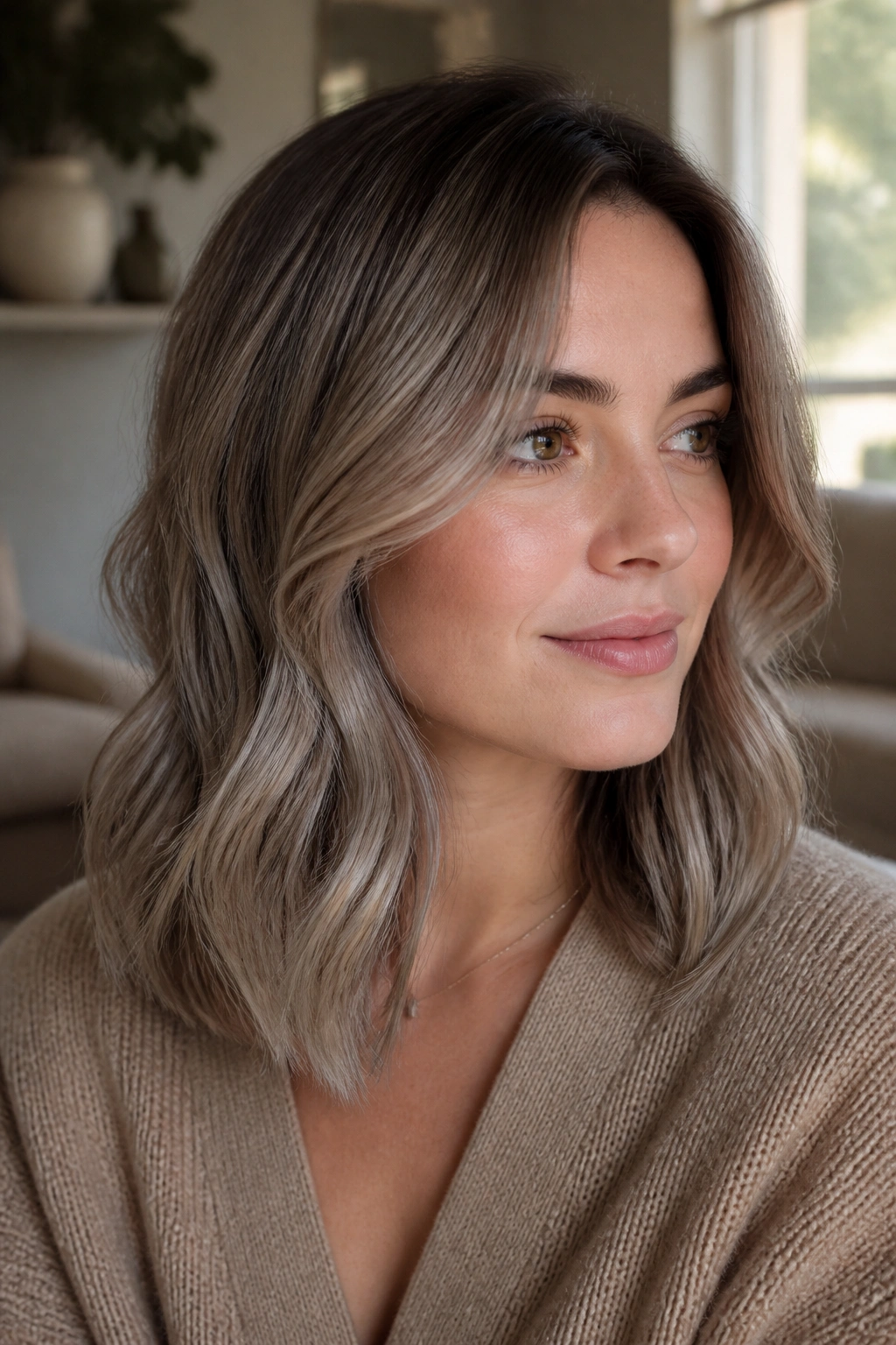 Portrait of a woman with smoky mushroom ash blonde hair featuring a beige base and smoky ribbons