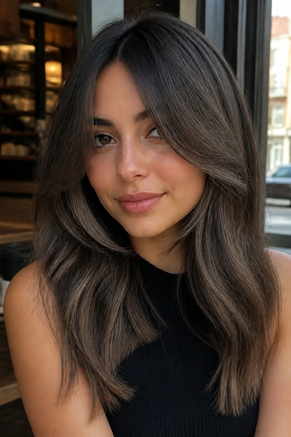 Close-up portrait of a real woman with smoky mushroom balayage and bottleneck bangs