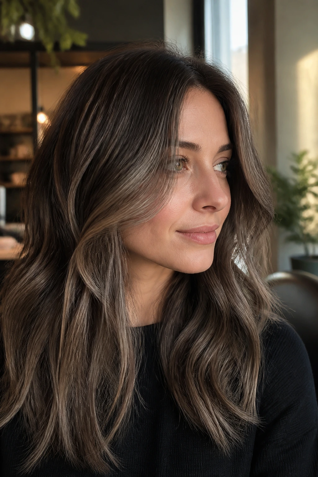 Close-up portrait of a real person with smoky mushroom balayage in soft waves.
