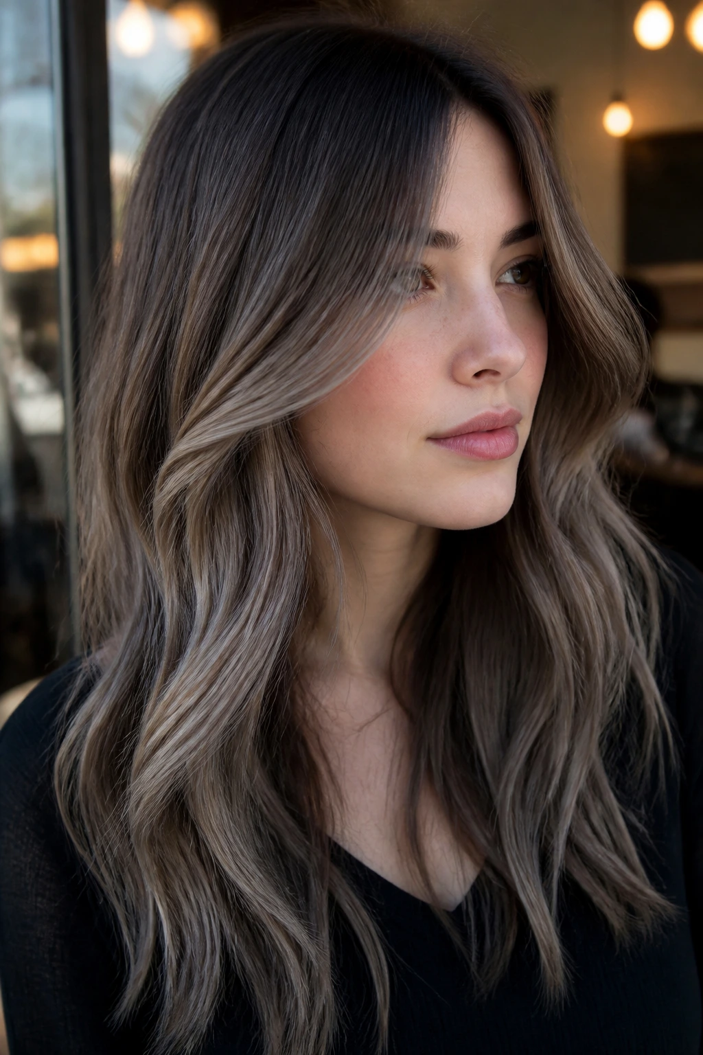 Portrait of a woman with smoky mushroom balayage hair