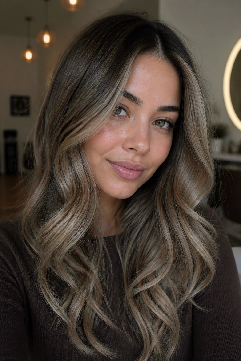 Brunette with smoky mushroom beige balayage and soft waves