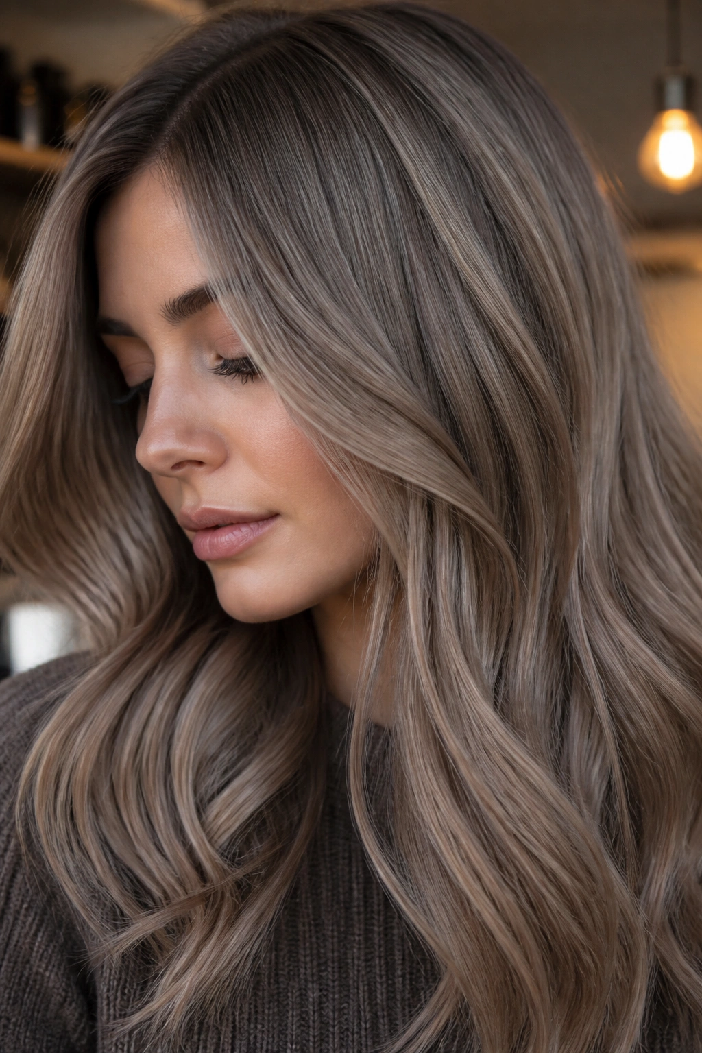 Portrait of a real woman with smoky mushroom beige hair in moody lighting.