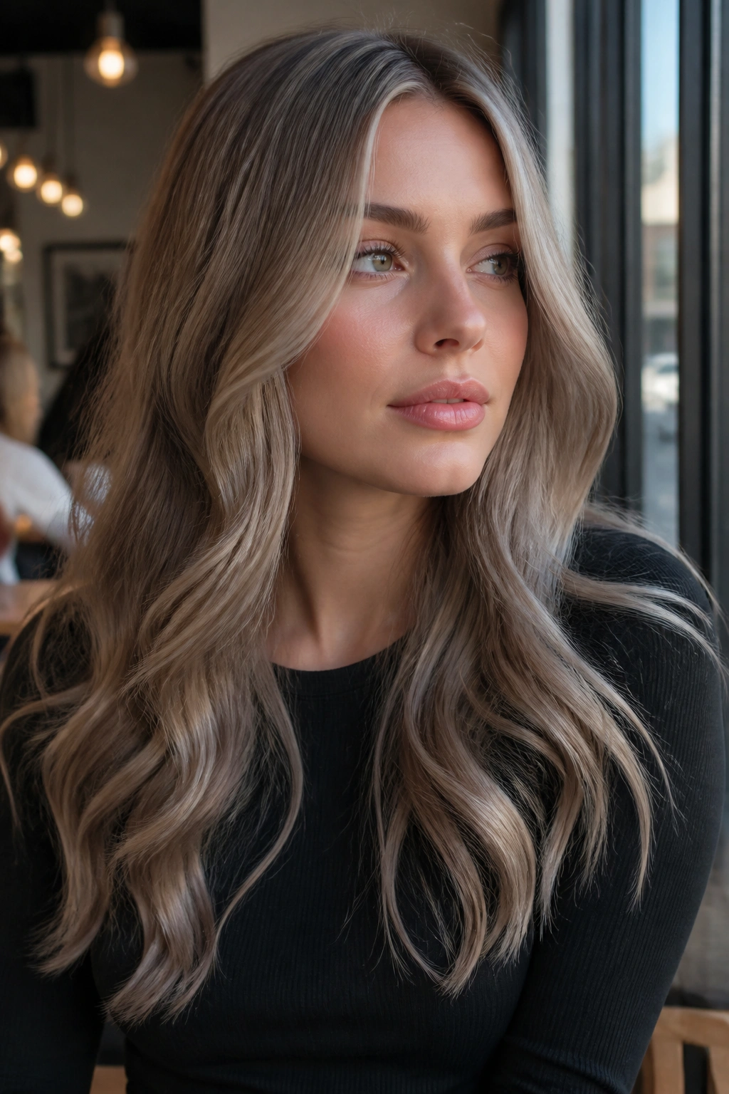 Close-up portrait of woman with smoky mushroom blonde hair at a cafe window