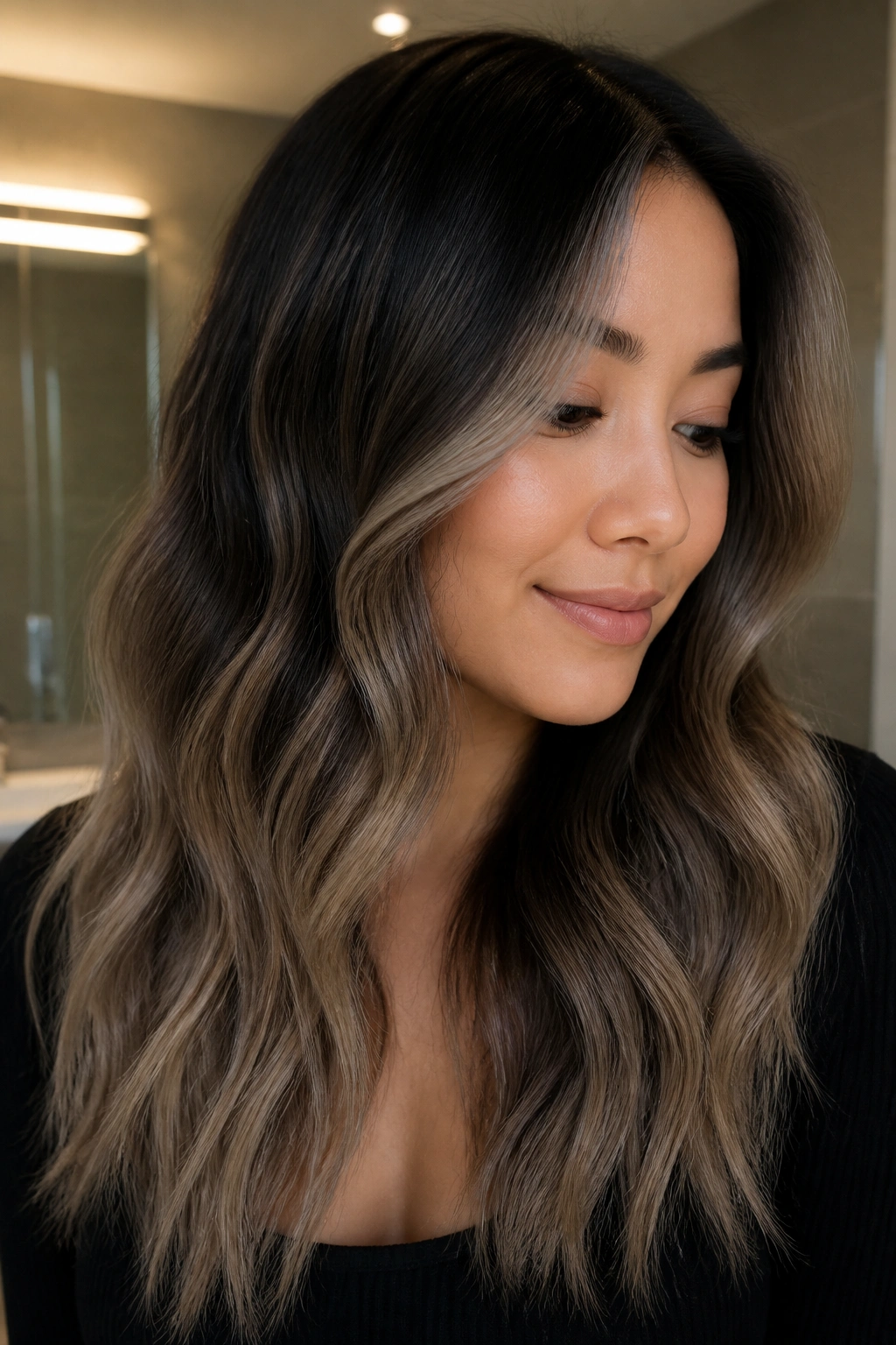Close-up of a real woman with smoky mushroom blonde on black hair in beige bathroom