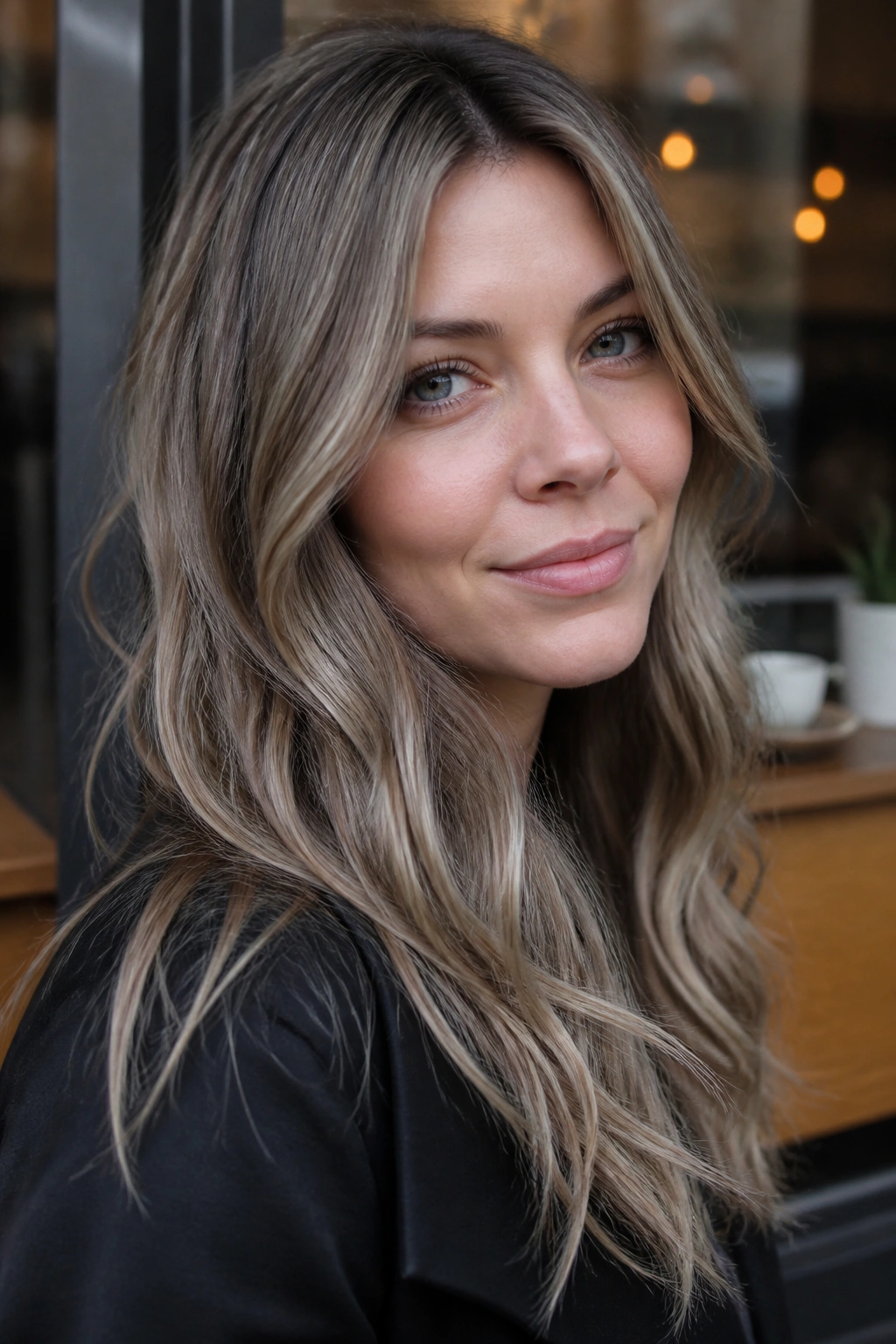 Close-up portrait of a real woman with smoky mushroom blonde hair in taupe tones