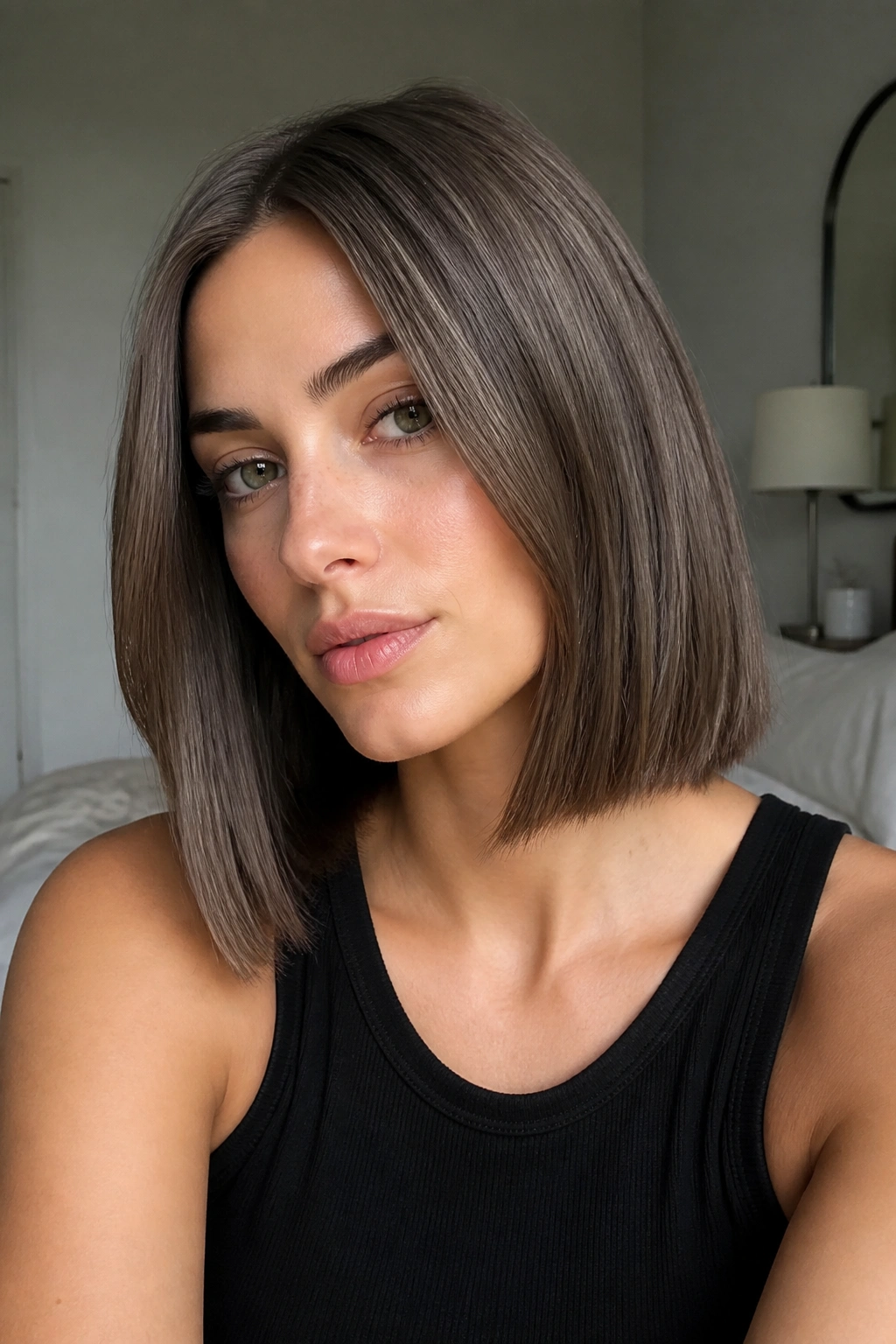 Close-up of a real woman with a smoky mushroom brown bob and blunt cut.