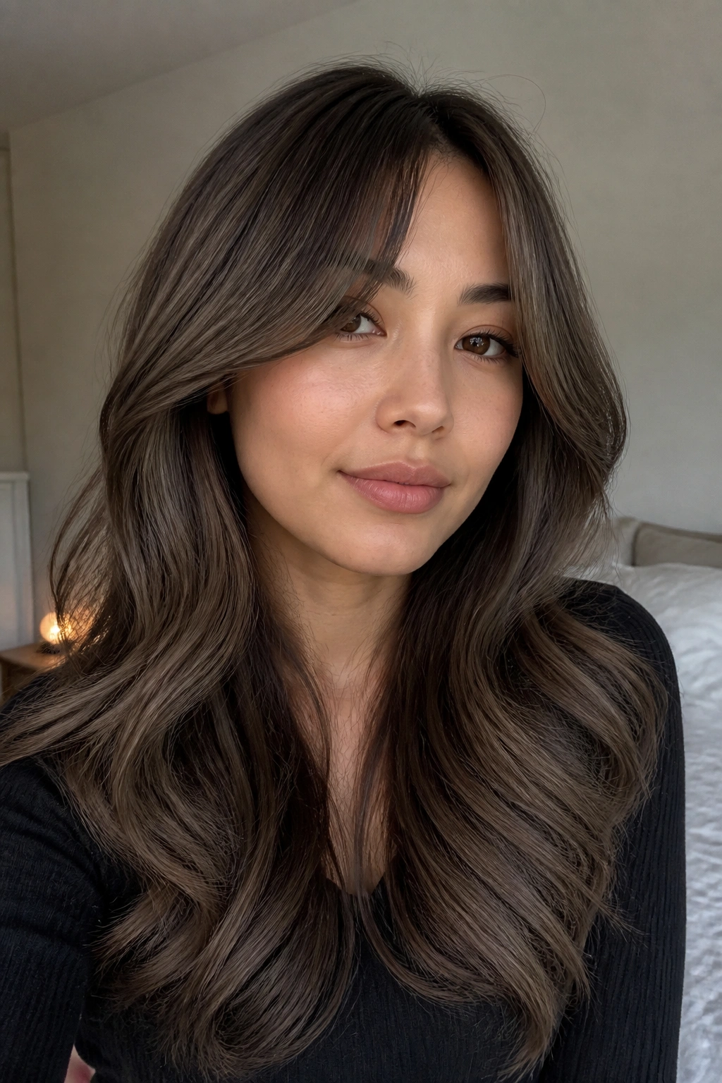 Close-up of real person with smoky mushroom brown curtain bangs