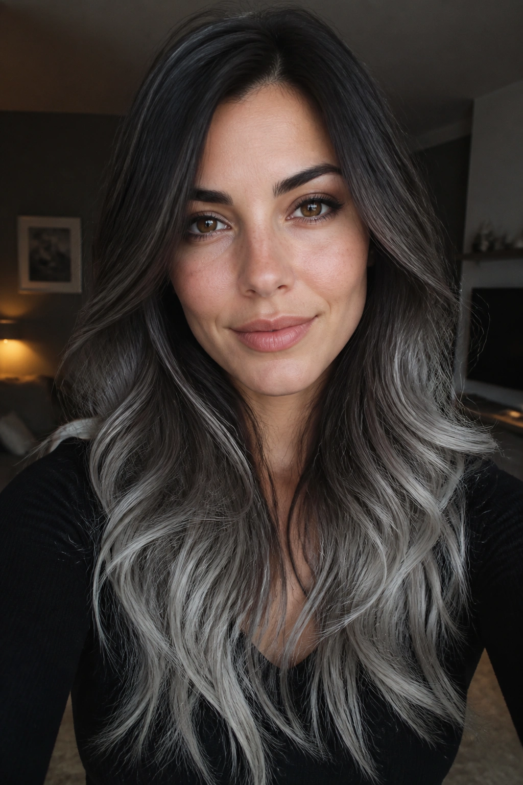 Real woman with smoky mushroom brunette hair fading into metallic silver ends