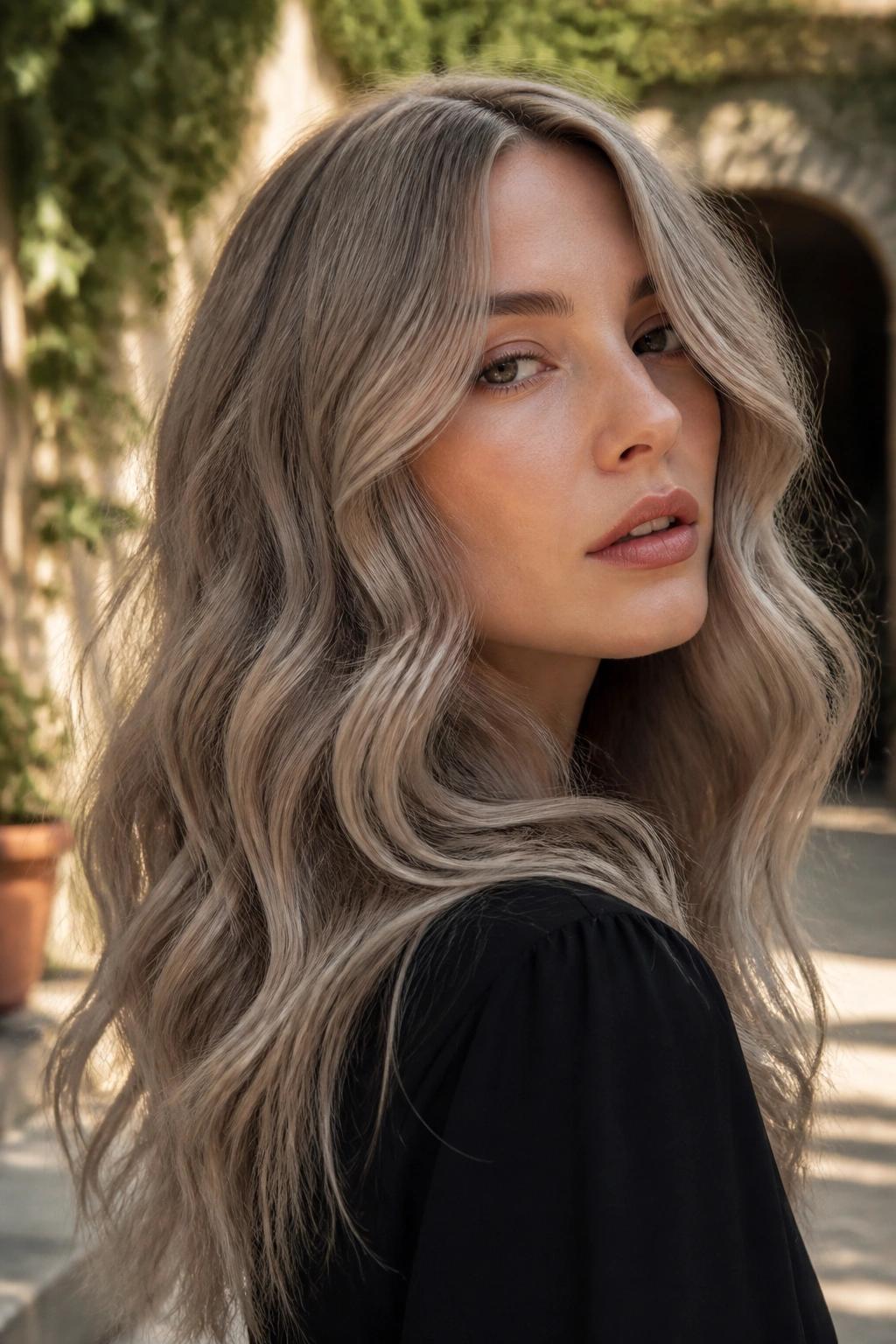 Close-up of smoky mushroom blonde waves on a real person