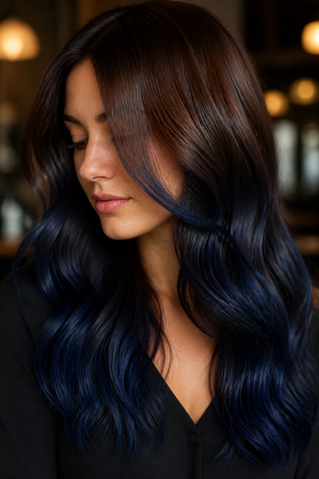 Close-up of chestnut hair with smoky navy balayage melt