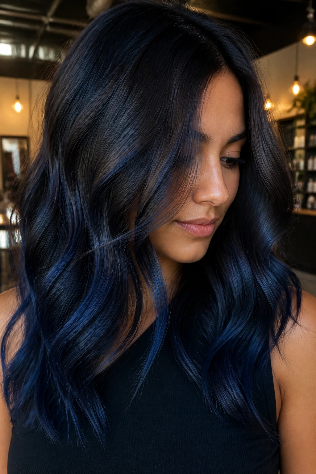 Mocha hair with smoky navy balayage for low-light elegance.