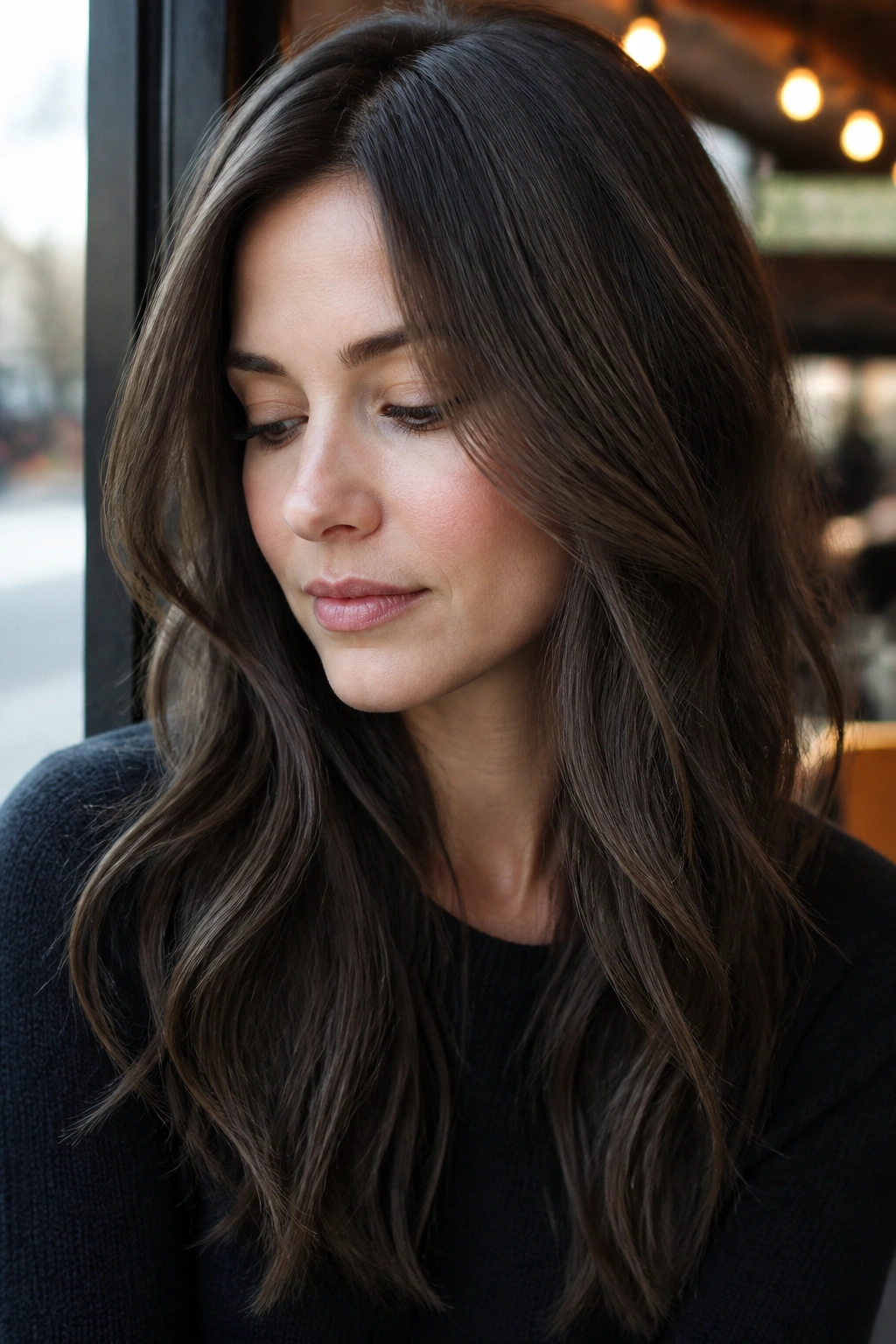 Close-up portrait of a woman with smoky oak brown hair