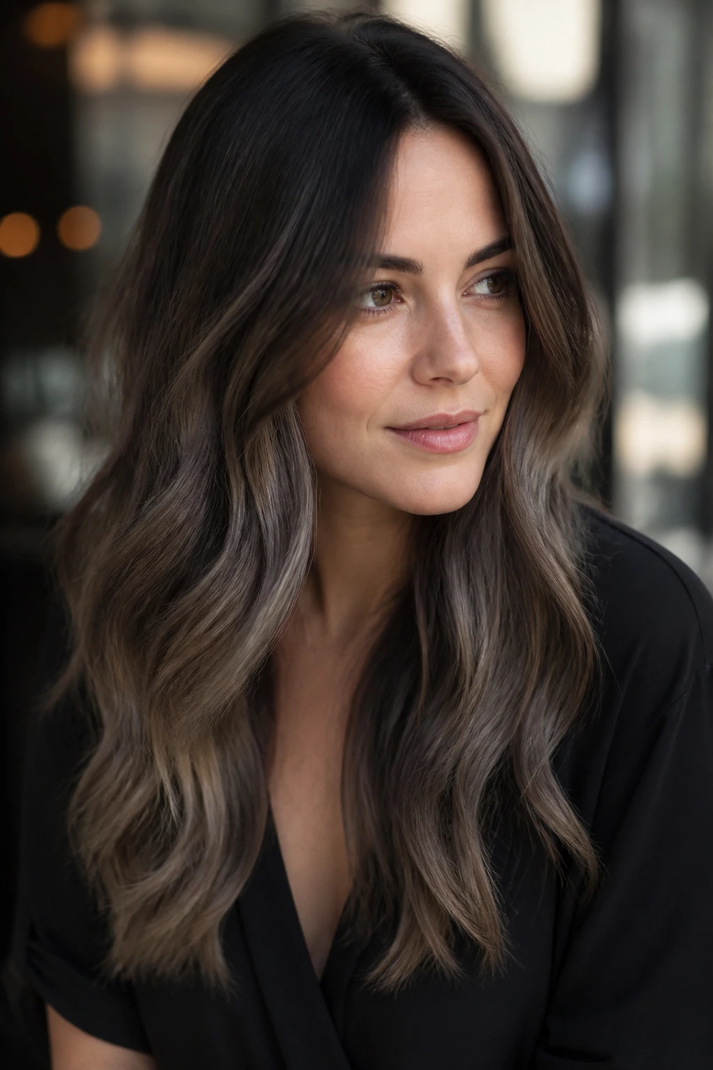 Close-up of a real woman showing smoky ombré brunette color with transition below the chin.
