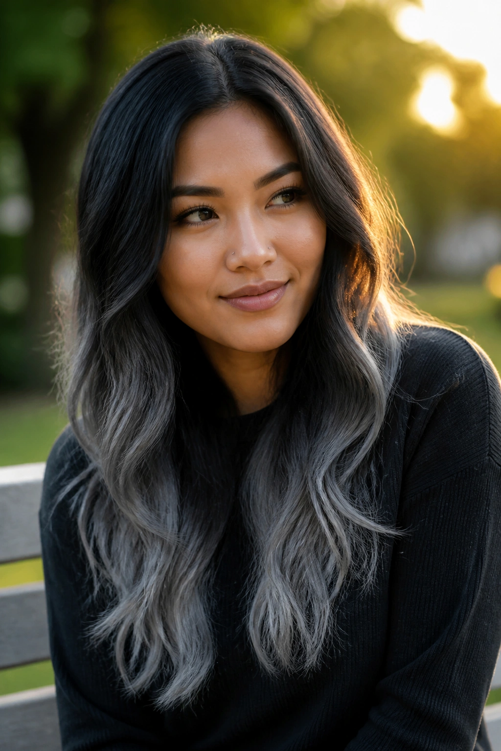 Close-up of a real woman with smoky ombré ends on long hair at golden hour in a park