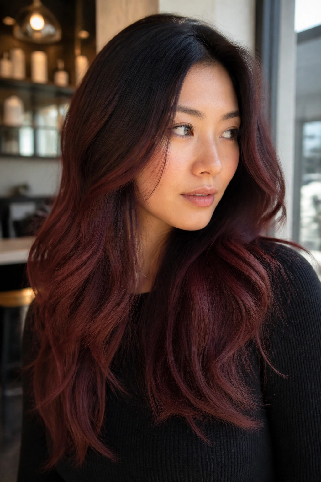 Close-up of a real woman with smoky ombré mahogany hair, roots to ends.