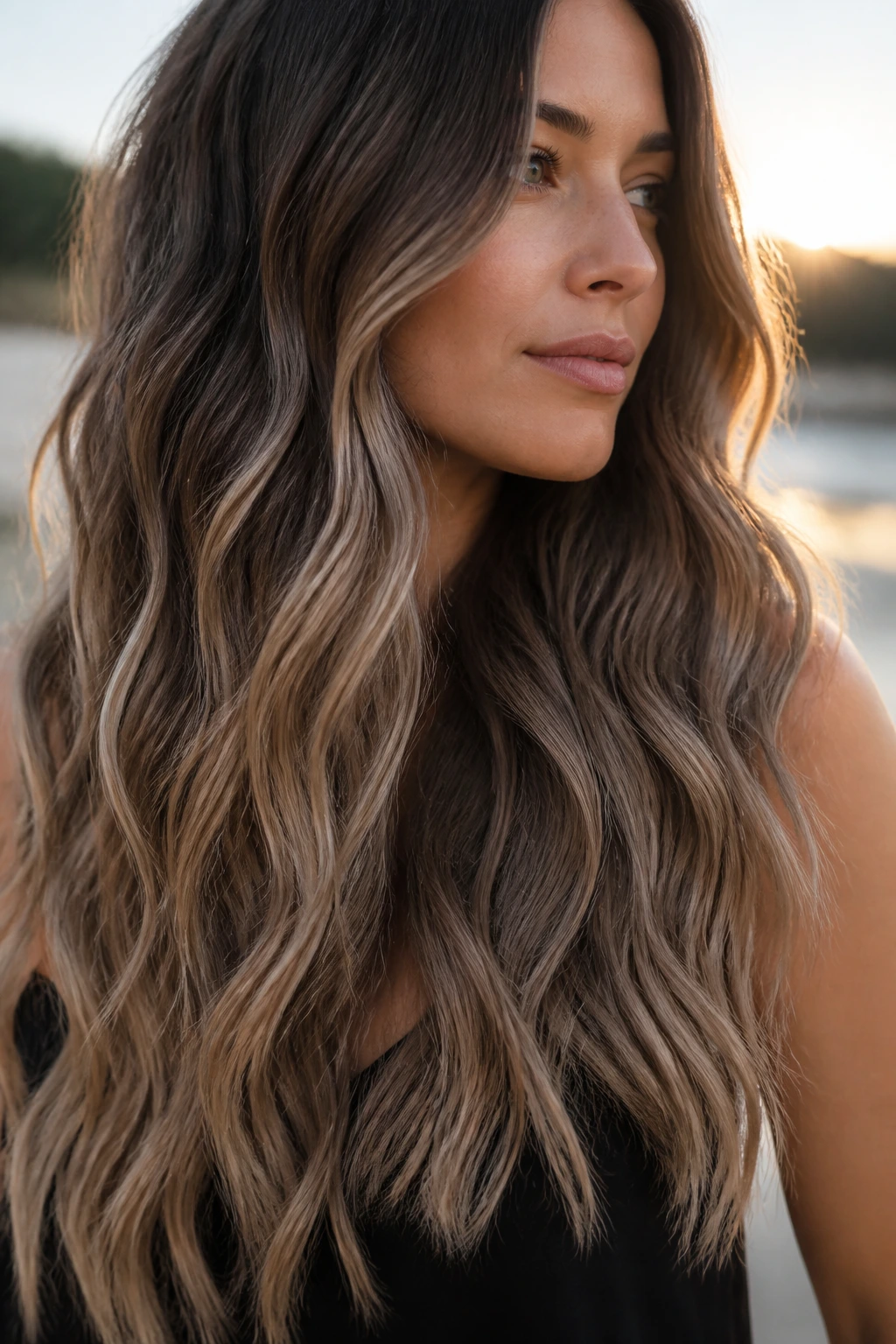 Portrait of a woman with soft smoky ombré on wavy hair.
