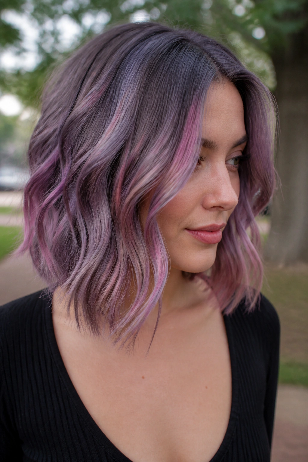 Close-up of a real woman with smoky orchid balayage and soft waves