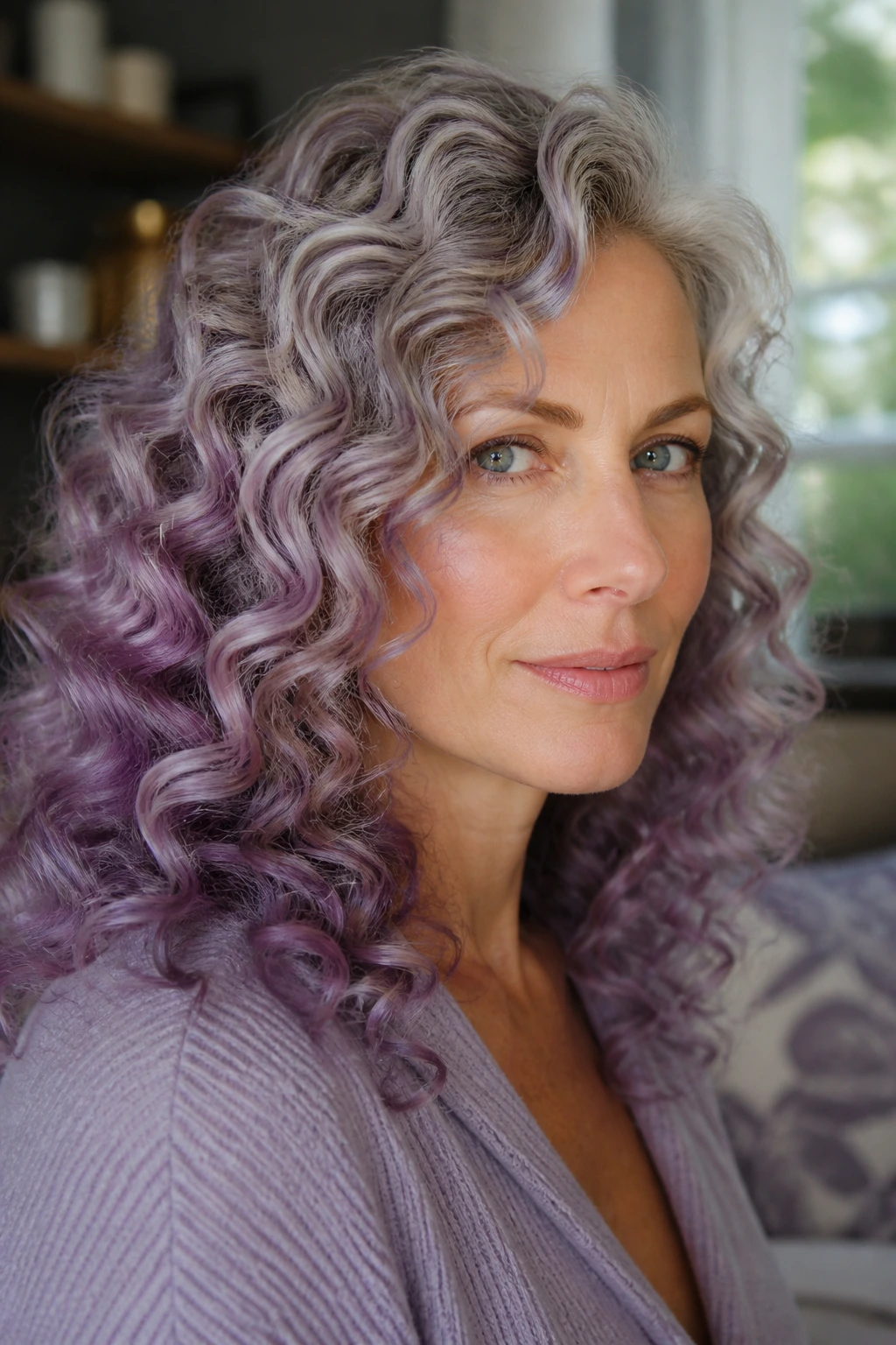 Close-up of a real woman with smoky orchid curls and silver highlights.