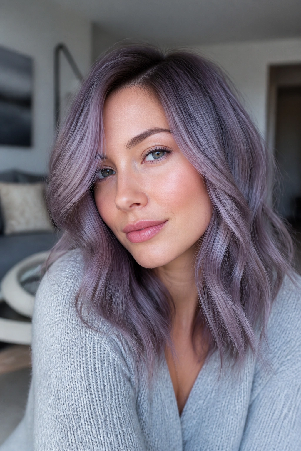 Close-up of a woman with smoky orchid hair in a cool living room setting.