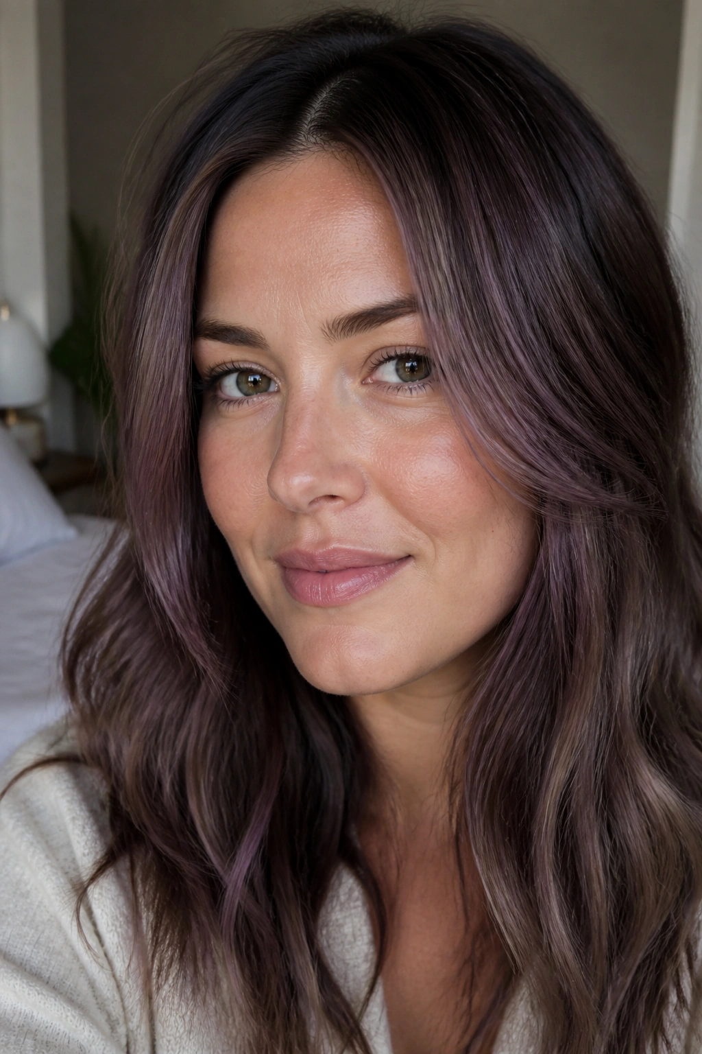 Close-up portrait of a real woman with smoky orchid cheekbone accents
