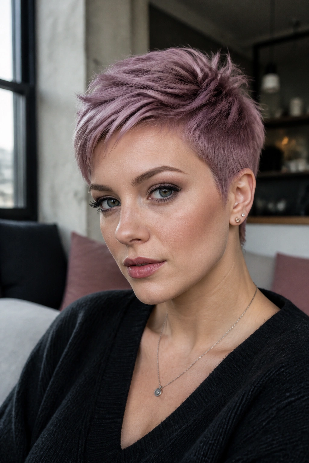 Close-up portrait of a real woman with smoky orchid pixie hairstyle
